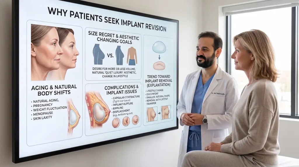 Doctor explaining why patients seek breast implant revision Turkey, including aging, size regret, implant complications, and removal goals.