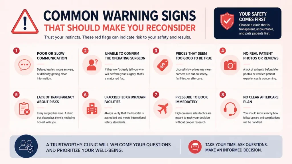 Infographic highlighting common warning signs when researching English speaking plastic surgeons Turkey, including poor communication, unclear surgeon identity, lack of transparency, and weak aftercare planning.