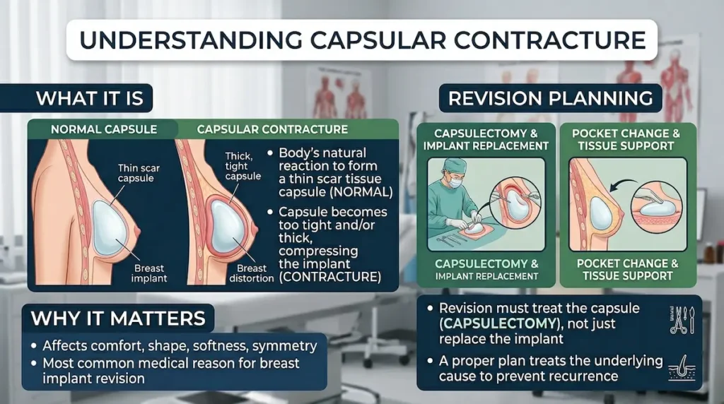 Breast implant revision Turkey infographic explaining capsular contracture, capsulectomy, pocket change, and implant replacement planning.