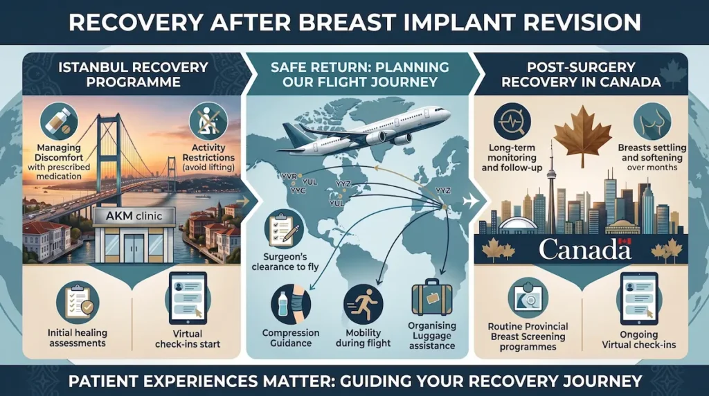 Breast implant revision Turkey recovery infographic showing Istanbul healing, fit-to-fly planning, and post-surgery follow-up in Canada.