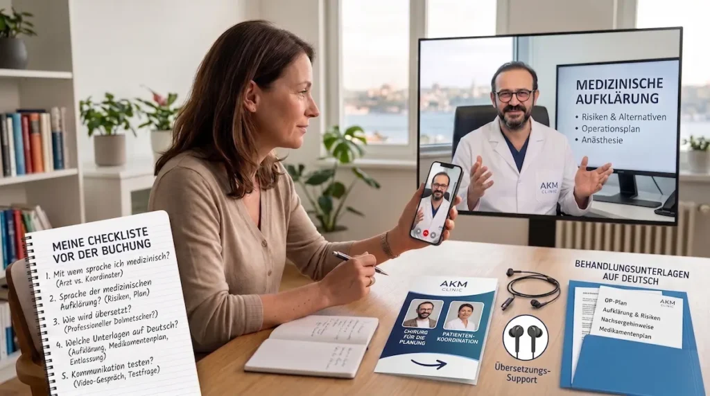 Deutschsprachige Betreuung Türkei: Patientin prüft im Videogespräch Arztkontakt, Übersetzung und deutschsprachige Unterlagen vor der Buchung.