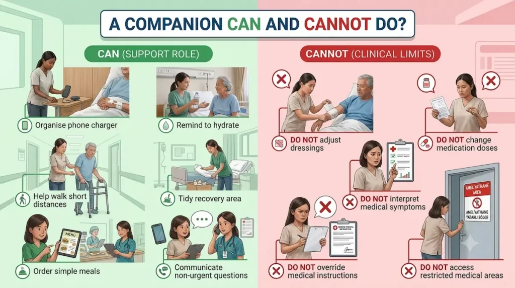 Surgery companion Turkey infographic showing what companions can do for recovery support and what clinical tasks they cannot perform in Istanbul.