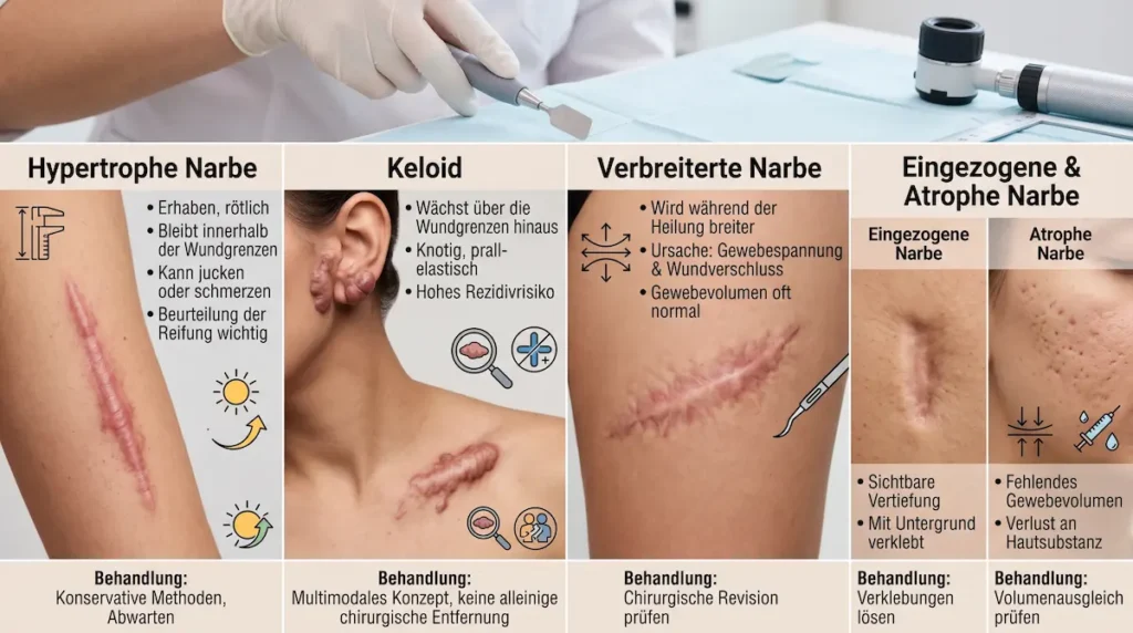 Narbenkorrektur Türkei: Übersicht zu hypertrophen Narben, Keloiden, verbreiterten sowie eingezogenen und atrophen Narben.