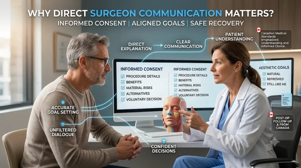 English speaking plastic surgeons Turkey consultation showing direct surgeon communication, informed consent, aligned goals, and safe recovery planning.