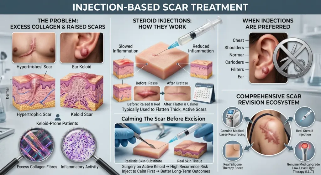 Scar revision surgery Turkey infographic explaining injection based scar therapy for raised scars, hypertrophic scars, and keloid treatment planning.
