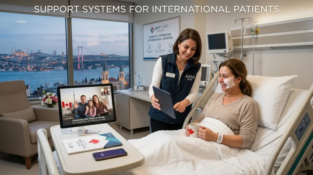 AKM Clinic patient advocate supporting a Canadian patient after surgery in Istanbul, showing emotional preparation plastic surgery and international recovery support.