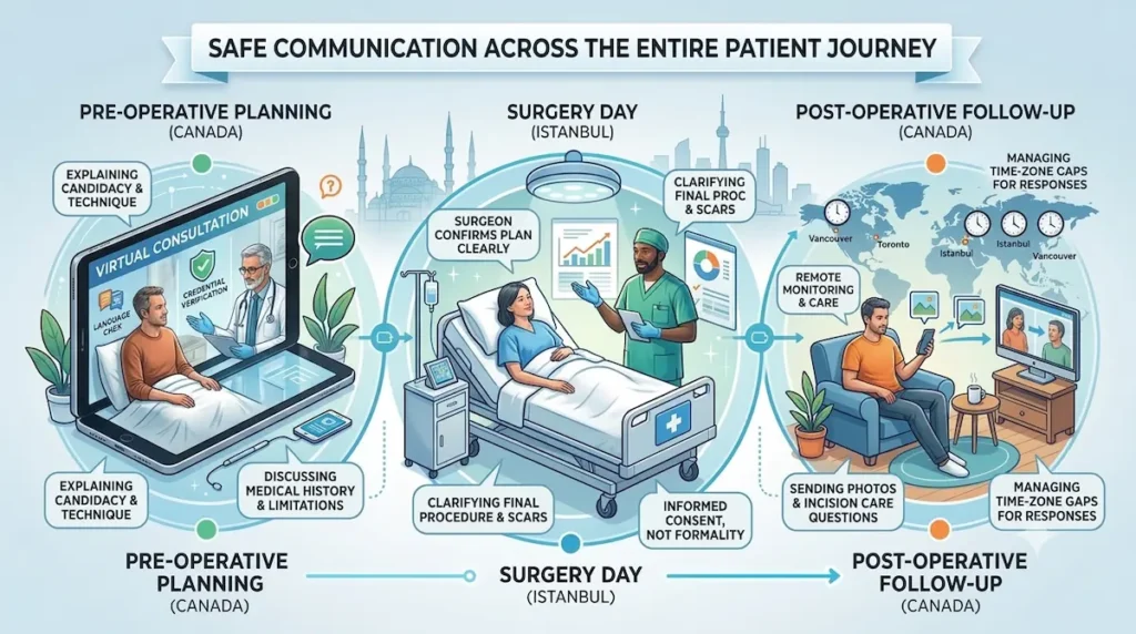 English speaking plastic surgeons Turkey patient journey showing safe communication from pre-operative planning to post-operative follow-up in Canada.