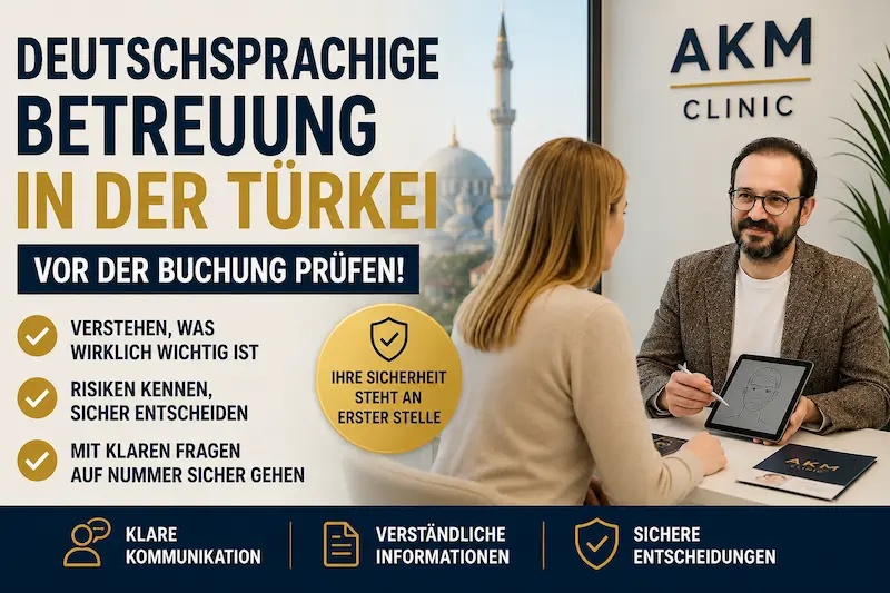 Deutschsprachige Betreuung Türkei: Arzt und Patientin im Beratungsgespräch zu Kommunikation und Aufklärung vor der Buchung.