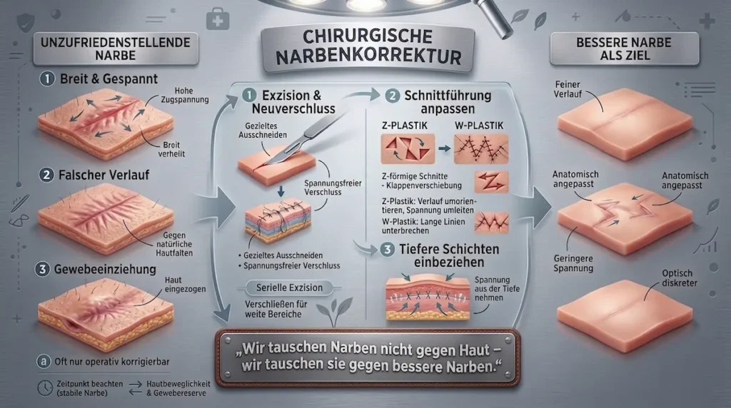 Narbenkorrektur Türkei: Grafik zu Narbenexzision, Neuverschluss, Z-Plastik und W-Plastik bei auffälligen Narben.