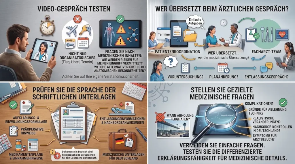 Deutschsprachige Betreuung Türkei: Infografik zum Video-Test, zur medizinischen Übersetzung, zu Unterlagen und gezielten Fragen vor der Buchung.