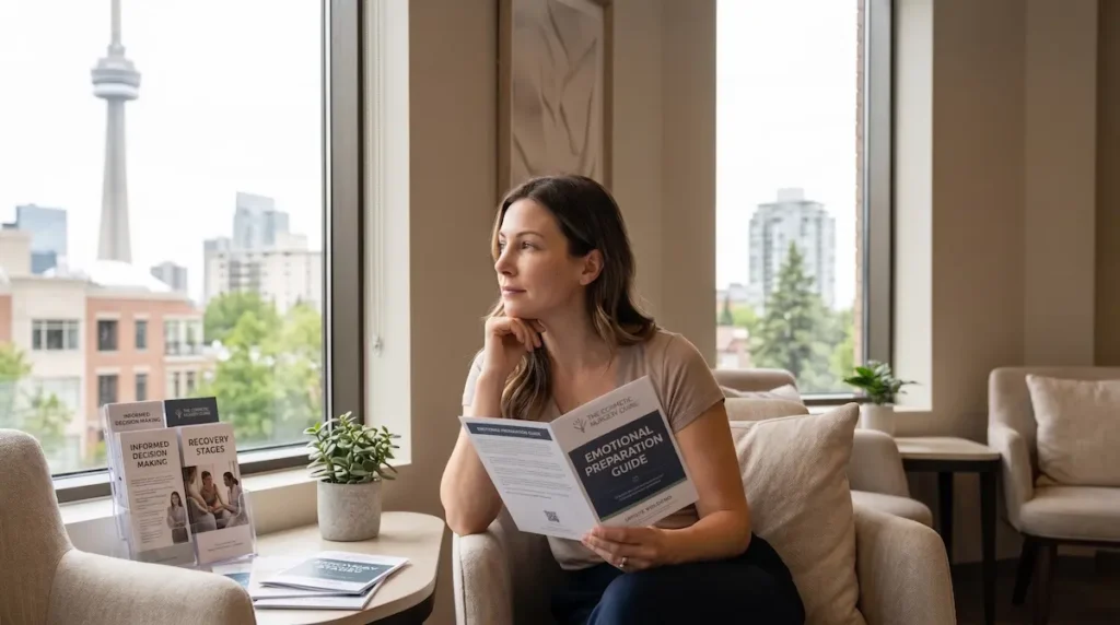 Canadian woman reading an emotional preparation guide in a calm Toronto clinic setting, representing emotional preparation plastic surgery, anxiety awareness, trust, and recovery mindset.