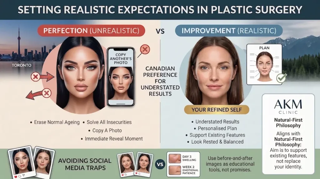 Educational visual comparing perfection and improvement to support emotional preparation plastic surgery, realistic expectations, and natural-looking results.
