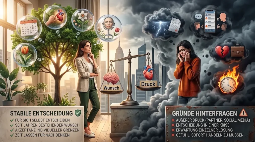 OP Vorbereitung: Illustration vergleicht einen eigenen Operationswunsch mit äußerem Druck und vorschneller Entscheidung.