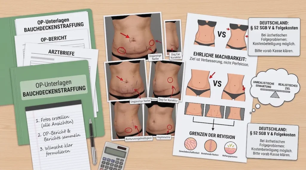 Bauchdeckenstraffung Revision mit OP-Bericht, Arztbriefen, Fotodokumentation und realistischer Machbarkeitsprüfung.
