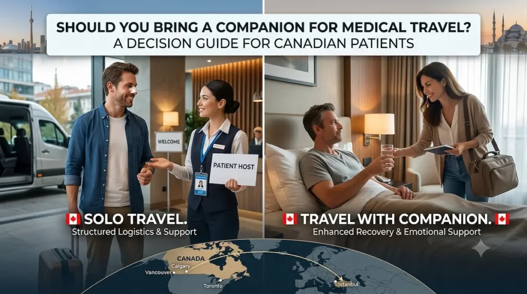 Surgery companion Turkey decision guide comparing solo medical travel and travelling with a companion for Canadian patients planning surgery in Istanbul.