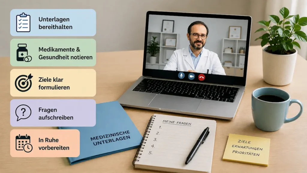 Online Beratung Schönheits-OP: Vorbereitung mit medizinischen Unterlagen, Medikamentenliste, klaren Zielen und Fragen für das Videogespräch.