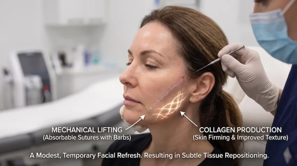 Clinical image explaining thread lift Turkey with absorbable sutures, mechanical lifting and collagen stimulation for subtle facial refresh.