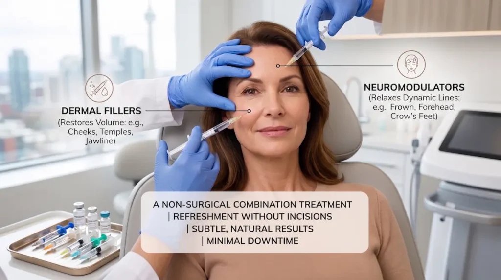 Liquid facelift Turkey image showing dermal fillers and neuromodulators used for non-surgical facial rejuvenation in a clinic setting.