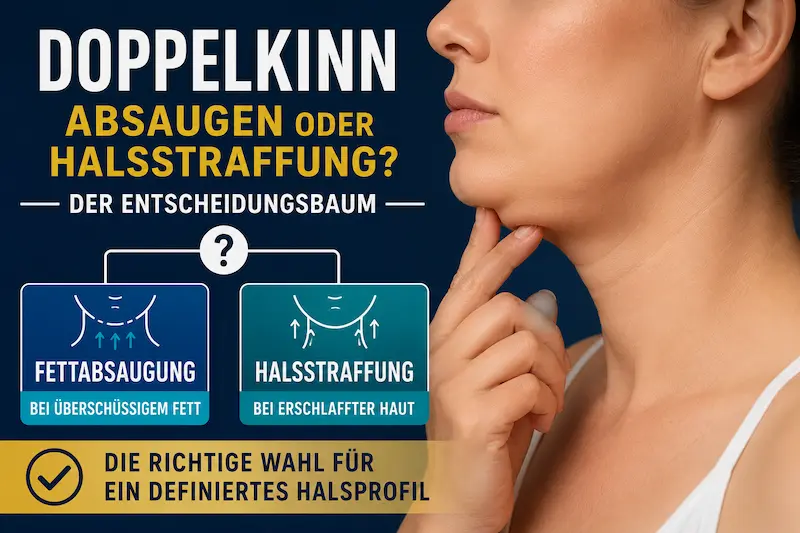 Hals Fettabsaugung oder Halsstraffung: Entscheidungsbaum bei Doppelkinn mit Vergleich von Fett, Haut und Halsprofil.