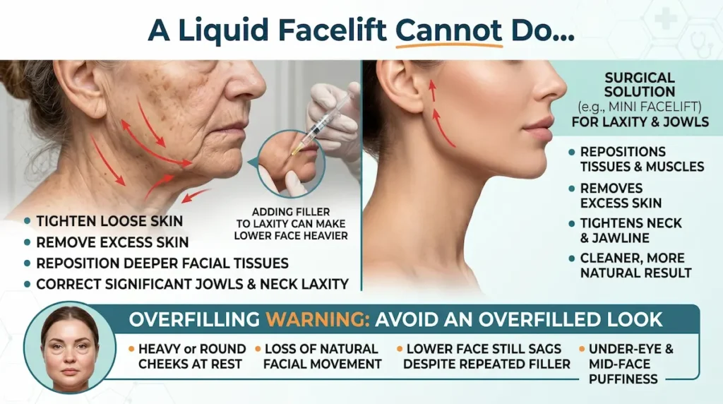 Liquid facelift Turkey image explaining why fillers cannot tighten loose skin, remove excess skin, or correct significant jowls.