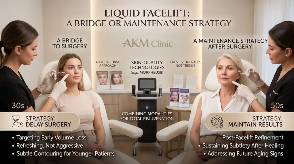 Liquid facelift Turkey image showing injectable maintenance after surgery and bridge treatment for younger patients.
