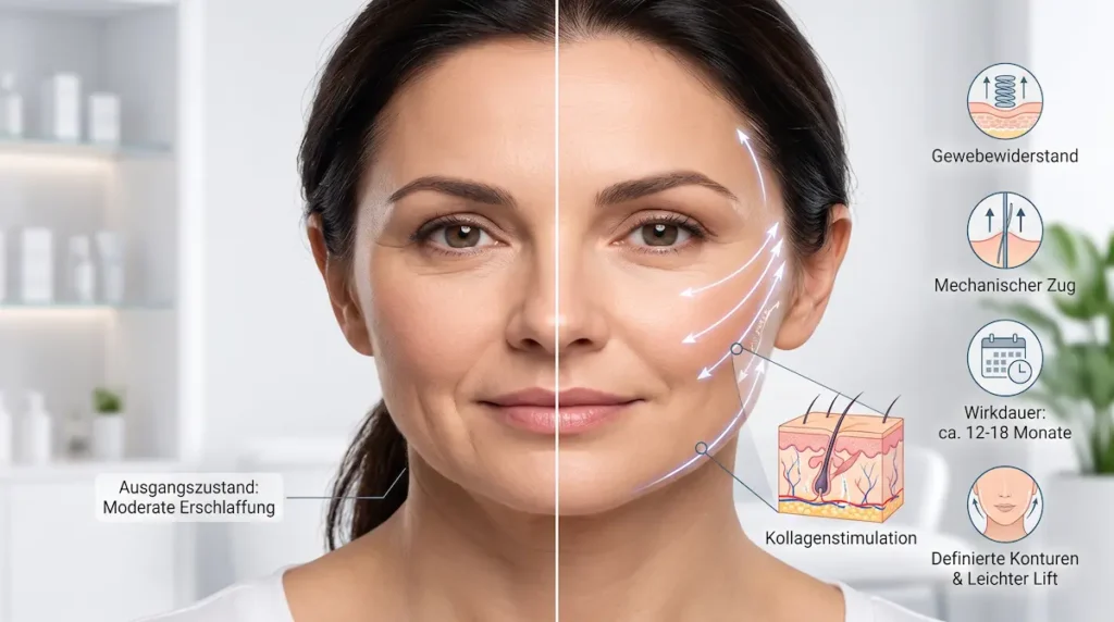 Fadenlifting Türkei: Darstellung eines moderaten Lifting-Effekts mit Zugvektoren, Kollagenstimulation und 12–18 Monaten Wirkdauer