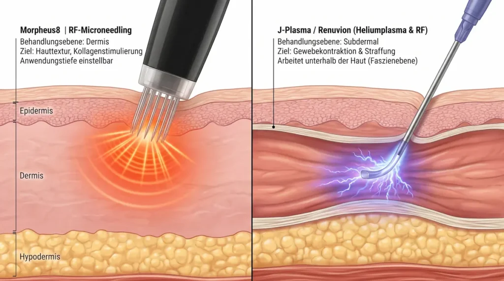 Morpheus8 Türkei: Vergleich von RF-Microneedling in der Dermis und J-Plasma als subdermale Behandlung unter der Haut.
