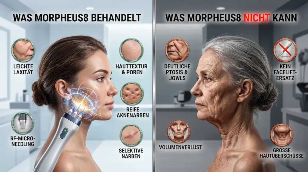 Morpheus8 Türkei: Vergleich von behandelbarer leichter Hautlaxität, Hauttextur und Narben mit den Grenzen bei Ptosis und Hautüberschuss.