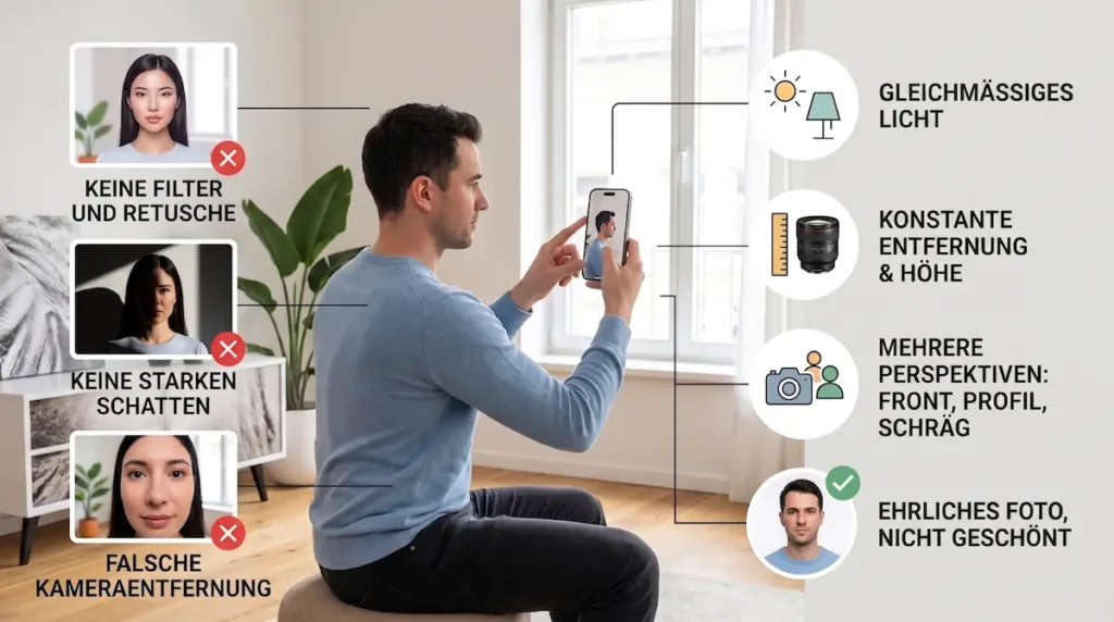 Online Beratung Schönheits-OP: Patient erstellt medizinische Fotos ohne Filter, mit gleichmäßigem Licht und mehreren Perspektiven.