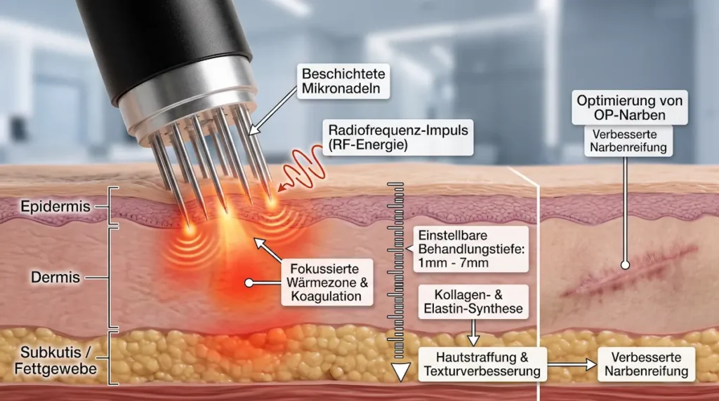 Morpheus8 Türkei: Schema zu Mikronadeln, RF-Energie, Hautschichten, Kollagen-Remodelling und Narbenreifung.