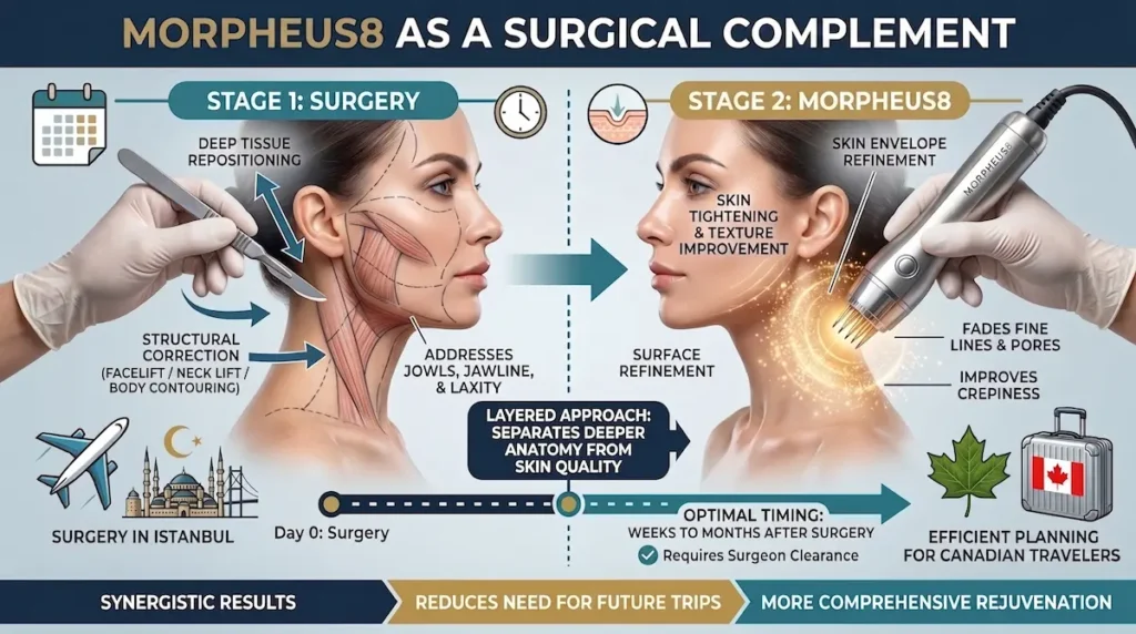 Morpheus8 Turkey infographic showing skin tightening after surgery, staged treatment planning, surface refinement, and post-surgical skin-quality improvement for Canadian travellers.