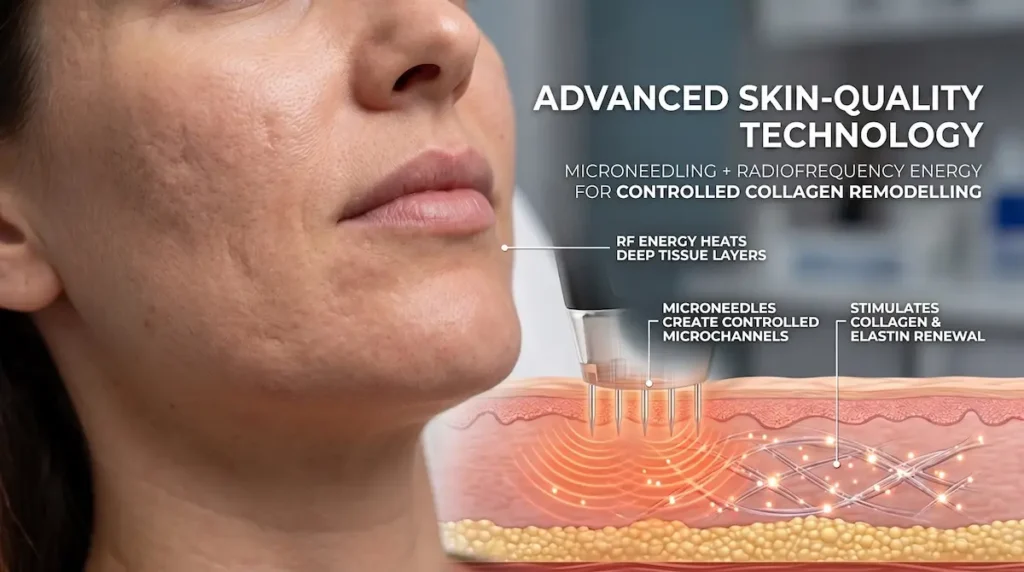 Morpheus8 Turkey treatment illustration showing RF microneedling and radiofrequency energy stimulating collagen remodelling and elastin renewal beneath the skin surface.