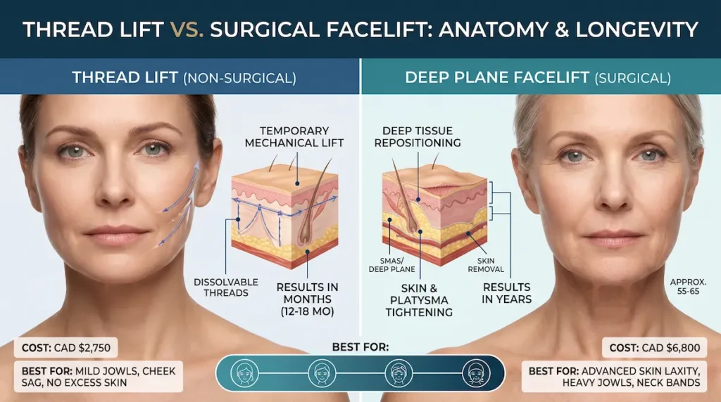 Infographic comparing thread lift Turkey results with surgical facelift anatomy, CAD pricing, temporary threads and long-term tissue repositioning.