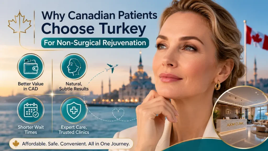 Liquid facelift Turkey image showing why Canadian patients consider Turkey for non-surgical facial rejuvenation, natural results, CAD value, and expert care.