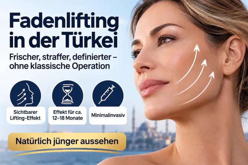 Fadenlifting Türkei mit schematisch dargestellten Zugvektoren für eine moderate Straffung von Wange und Kinnlinie