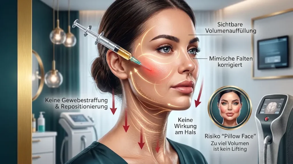 Liquid Facelift Türkei: Illustration zu Filler-Grenzen, fehlender Gewebestraffung und Pillow-Face-Risiko