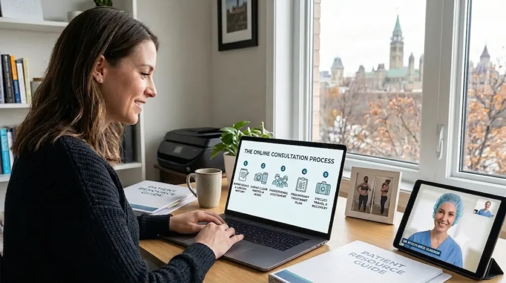 Canadian patient reviewing the online plastic surgery consultation process before a secure video call with her surgeon.