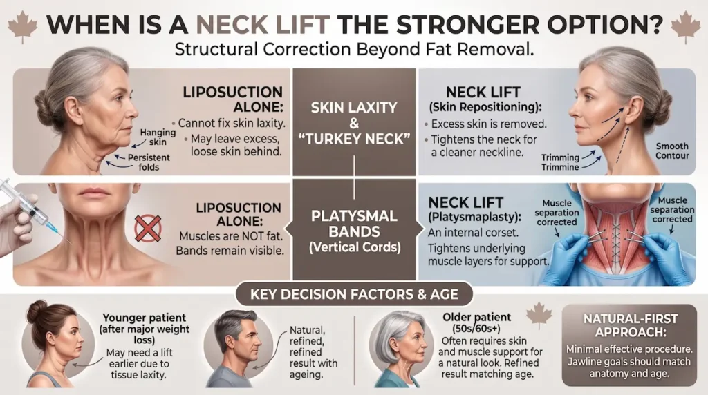 Neck liposuction vs neck lift infographic showing when skin laxity, turkey neck, and platysmal banding require structural correction.