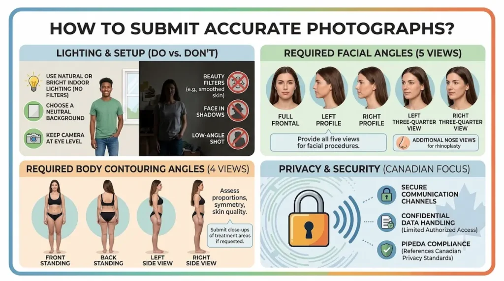 Visual guide showing photo angles for an online plastic surgery consultation, including lighting, facial views, body views, and privacy steps.