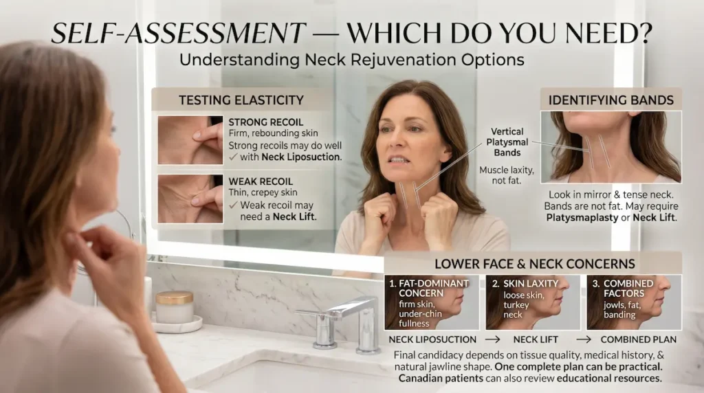 Neck liposuction vs neck lift self-assessment infographic showing skin elasticity testing, platysmal bands, and combined jawline concerns.