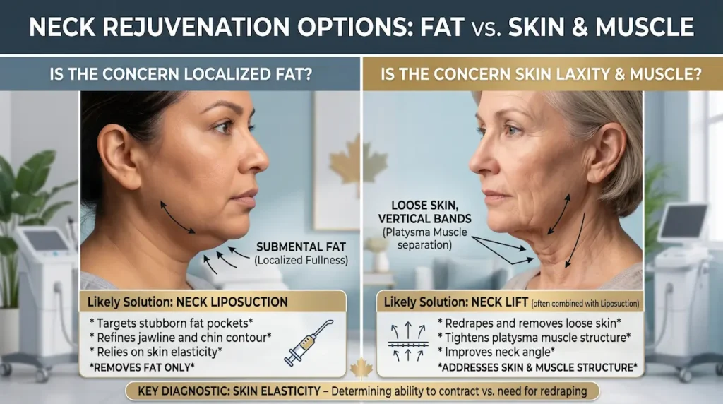 Neck liposuction vs neck lift infographic comparing submental fat, loose skin, and platysmal bands for jawline treatment.