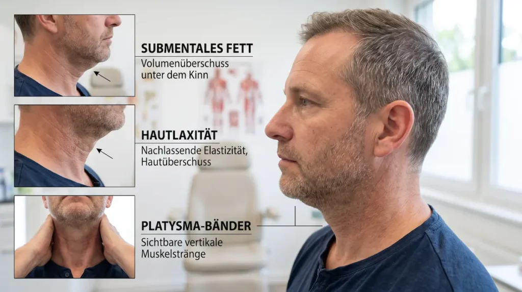 Hals Fettabsaugung oder Halsstraffung: Mann mit submentalem Fett, Hautlaxität und sichtbaren Platysma-Bändern am Hals.