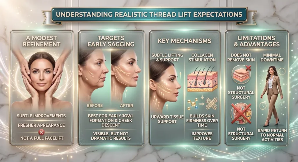 Infographic explaining realistic thread lift Turkey expectations, including subtle tissue repositioning, early sagging support and temporary results.