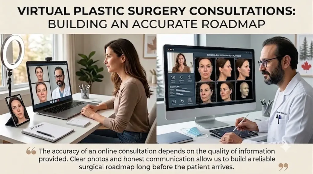 Canadian patient reviewing facial photos during an online plastic surgery consultation to improve virtual assessment accuracy.