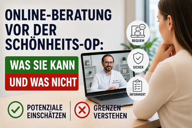 Online Beratung Schönheits-OP per Videogespräch: Patientin bespricht mit einem Arzt Möglichkeiten, Grenzen und die erste medizinische Einschätzung.