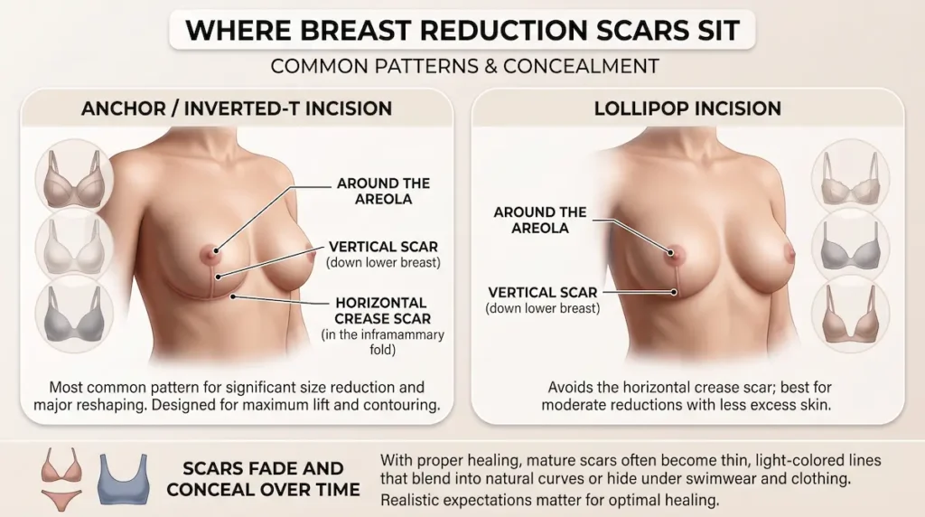 Infographic showing where breast reduction scars sit, comparing anchor, inverted T, and lollipop incision patterns.