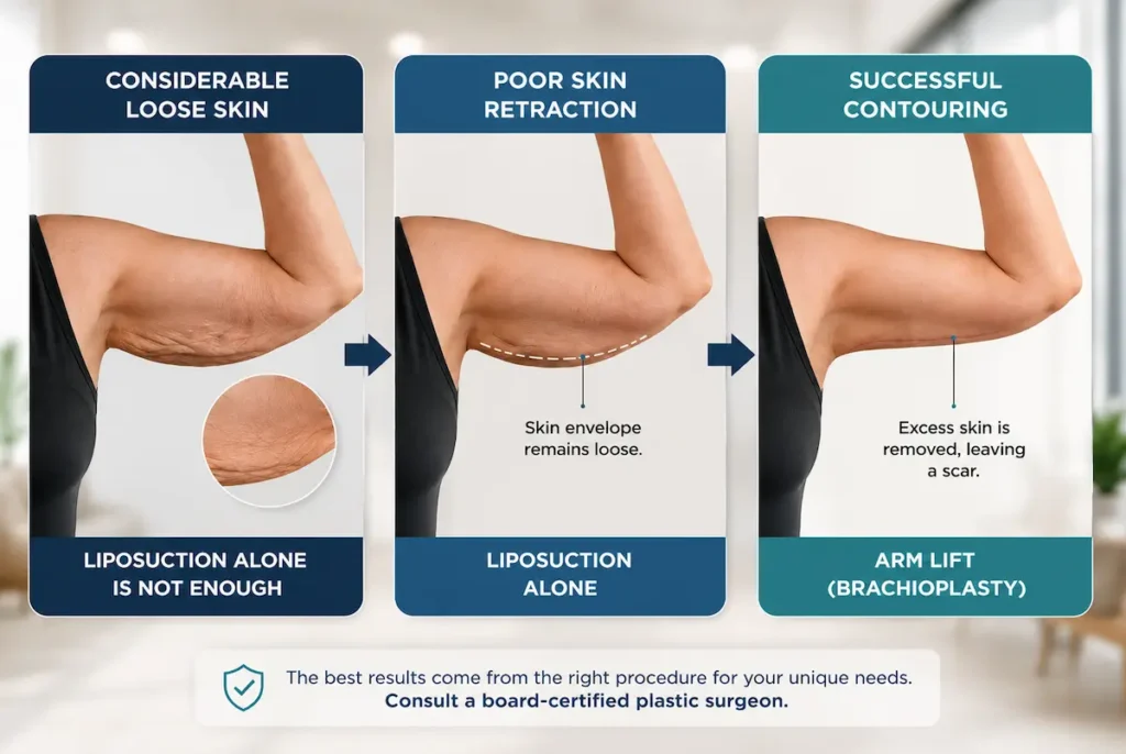 Is arm liposuction worth it comparison showing loose skin, poor skin retraction and arm lift contouring.