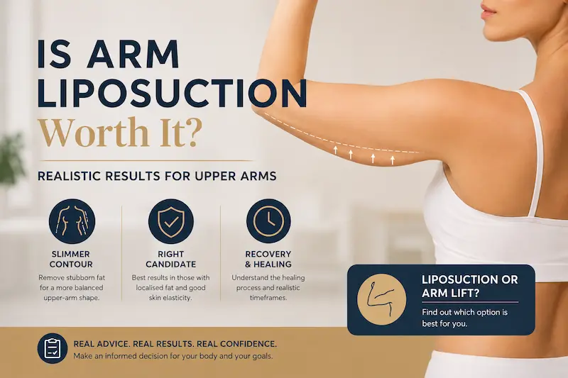 Cover image for is arm liposuction worth it, showing upper arm contour, candidate signs and recovery guidance.