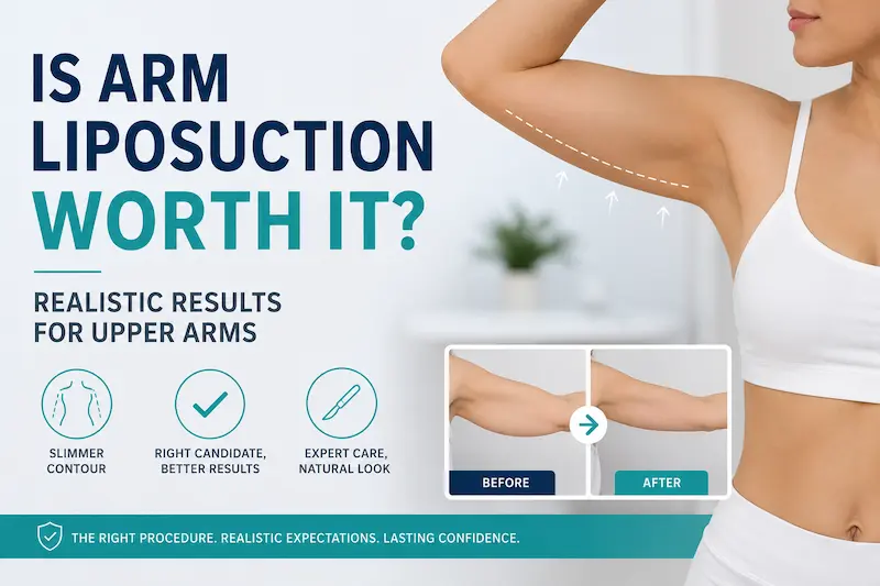 Infographic asking is arm liposuction worth it with upper arm contour lines, before and after arm panels, and realistic results cues.
