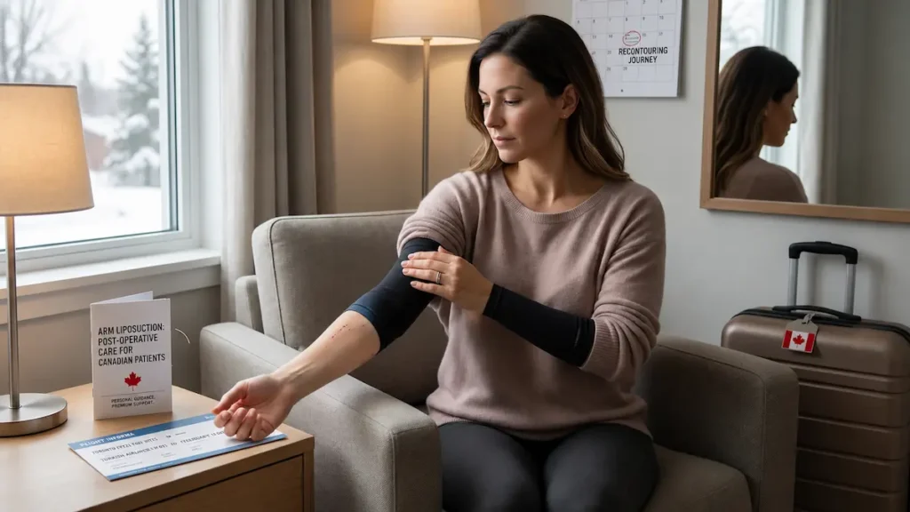Woman wearing an arm compression sleeve during recovery for is arm liposuction worth it aftercare guidance.
